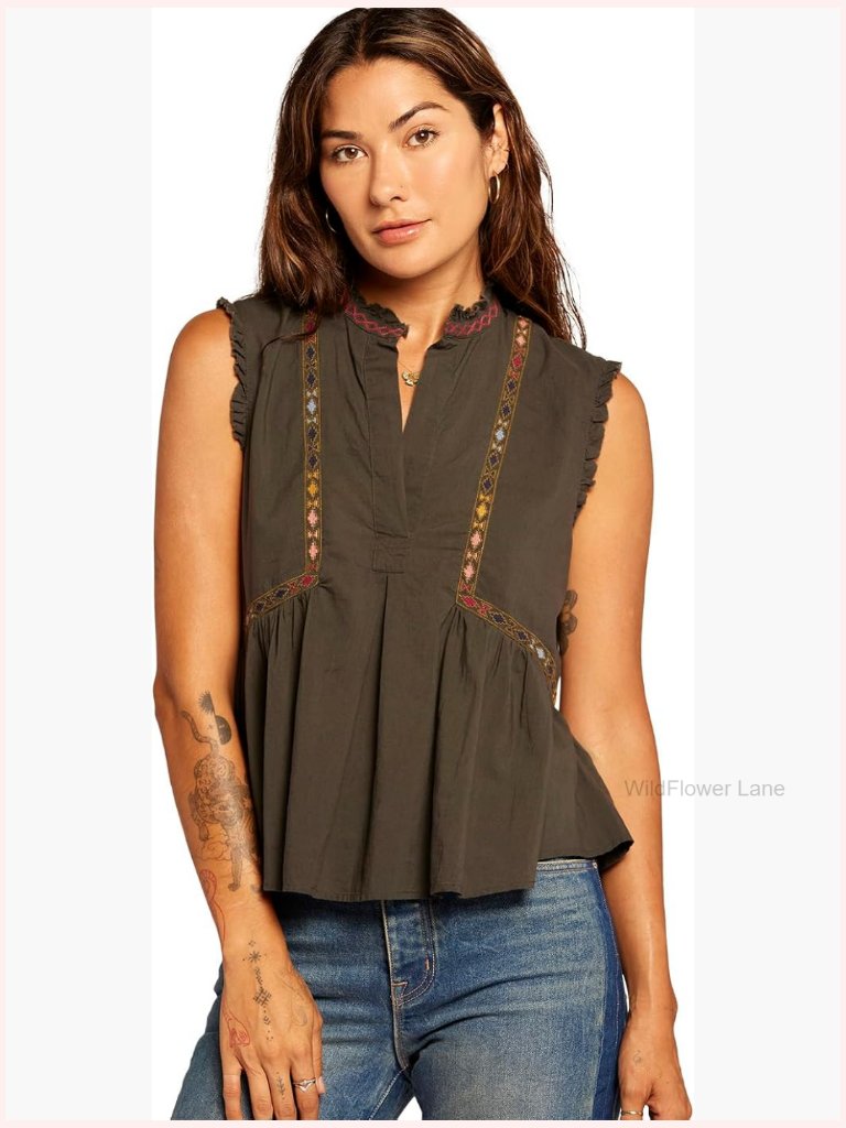 Sleeveless V-Neck Cotton Voile Blouse Summer Relaxed Fit Tank